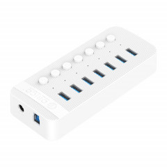 Orico CT2U3-7AB-WH 7 en 1 Hub USB à rayures en plastique avec interrupteurs individuels, fiche UE (Blanc)