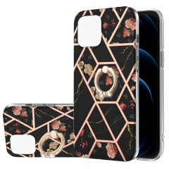 Épisseur de galvanoplastie Motif de fleur de marbre TPU Cas antichoc avec porte-bague en strass pour iPhone 13 Pro (fleur noire)
