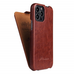 Fierre Shann Texture de la cire à huile de rétro Vertical Flip PU pour iPhone 13 PRO (Brown)