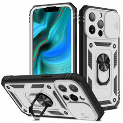 Cache de caméra coulissante conception TPU + étui de protection PC avec support rotatif à 360 degrés et emplacement de carte pour iPhone 13 Pro (blanc + noir)