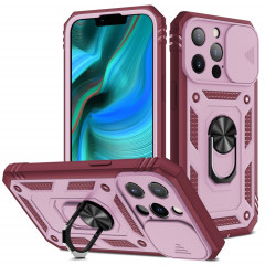 Cache de caméra coulissante Conception TPU + PC Cas de protection avec support rotatif à 360 degrés et emplacement de carte pour iPhone 13 Pro (rose + rouge foncé)