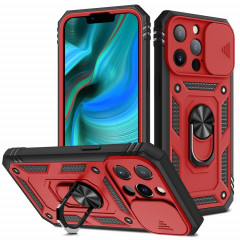Cache de caméra coulissante conception TPU + étui de protection PC avec support rotatif à 360 degrés et emplacement de carte pour iPhone 13 Pro (rouge + noir)