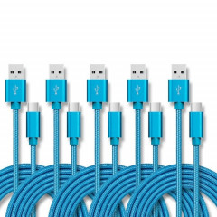 5 PCS USB à USB-C / Type-C Nylon tressé Traité Tradition Câble de transmission, Longueur du câble: 3M (bleu)