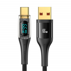 Câble de données de charge rapide USAMS USB vers Type-C 66W en alliage d'aluminium à affichage numérique transparent, longueur du câble: 2 m (noir)