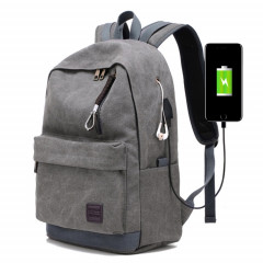 Sac à dos étudiant en toile de voyage décontracté multifonctionnel avec interface de charge USB externe et prise casque (gris)