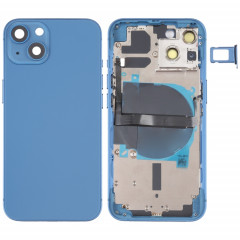 Coque arrière de batterie pour iPhone 13 avec touches latérales et plateau de carte et câble flexible d'alimentation + volume et module de charge sans fil (bleu)