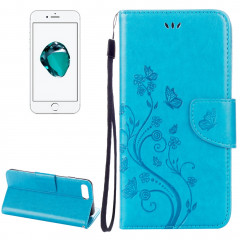 Pour iPhone 8 Plus et 7 Plus Fleurs Gaufrage Horizontal Flip Housse en cuir avec titulaire et fentes pour cartes et portefeuille et lanière (Bleu)