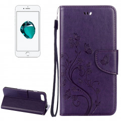 Pour iPhone 8 Plus et 7 Plus Fleurs Gaufrage Horizontal Flip Housse en cuir avec titulaire et fentes pour cartes et portefeuille et lanière (violet)