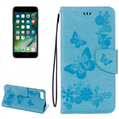 Pour iPhone 8 Plus et 7 Plus Papillons Gaufrage Housse en cuir pour rabat avec porte-cartes et fentes pour cartes et porte-monnaie et lanière (Bleu)