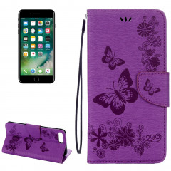 Pour iPhone 8 Plus & 7 Plus Butterflies Gaufrage Housse en cuir horizontale avec porte et fentes pour cartes et porte-monnaie et cordon (violet)