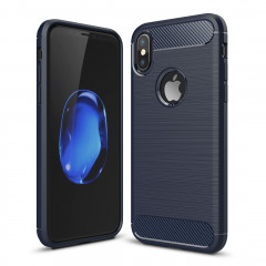 Pour iPhone X / XS Fibre De Carbone TPU Texture Brossée Antichoc Étui de protection arrière (marine)