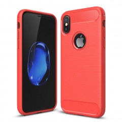 Pour iPhone X / XS Fibre De Carbone TPU Texture Brossée Antichoc Housse de Protection Arrière (Rouge)