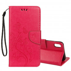 Étui à rabat horizontal avec motif papillon en relief avec fente pour cartes, porte-monnaie et porte-monnaie et lanière pour iPhone XS Max (Magenta)