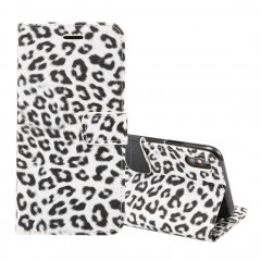 Étui à rabat horizontal en cuir motif léopard pour iPhone XS Max, avec porte-monnaie et fentes pour cartes (blanc)