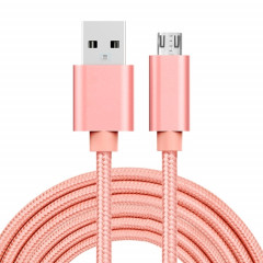 3A Tête métallique de style tissé micro USB sur USB Data / Charger Câble, Durée du câble: 3M (or rose)