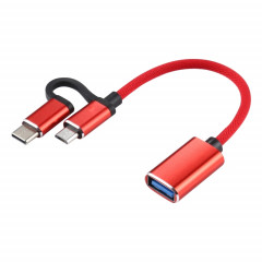 USB 3.0 Femme à micro USB + USB-C / Type-C Chargement masculin + Transmission Câble d'adaptateur tressé en nylon OTG, Longueur du câble: 11cm (rouge)