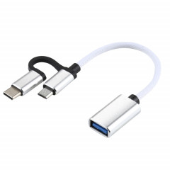 USB 3.0 Femme à micro USB + Chargements USB-C / TYPE-C Homme + Transmission OTG Nylon TRAIDÉ Câble tressé, Longueur du câble: 11cm (blanc)
