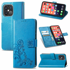 Pour l'iPhone 13 pro Fermoir au trèfle à quatre feuilles Boucle en relief Boucle de protection mobile Protection de téléphone mobile avec lanière et emballage et portefeuille / portefeuille (bleu)