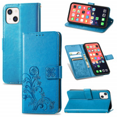 Pour iPhone 13 Fermoir au trèfle à quatre feuilles Boucle en relief Boucle de protection mobile Housse en cuir de protection de téléphone avec lanière et fente de carte et portefeuille et support (bleu)