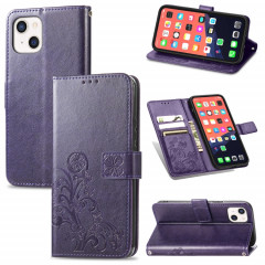 Pour iPhone 13 Fermoir au trèfle à quatre feuilles Boucle en relief Boucle mobile Protection de téléphone portable Coque en cuir avec lanière et fente de carte et portefeuille et support de portefeuille (violet)