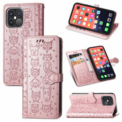 Étui en cuir horizontal horizontal de chat et de chien mignon avec support et portefeuille et portefeuille pour iPhone 13 Pro (Rose Gold)
