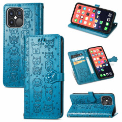 Étui de cuir horizontal de chat et de chien mignon avec support et portefeuille et portefeuille pour iPhone 13 Pro (Bleu)