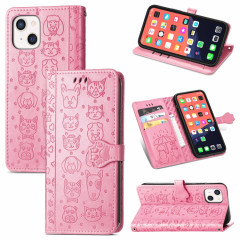 Étui de cuir horizontal horizontal de chat et de chien mignon avec support et portefeuille et portefeuille pour iPhone 13 (rose)