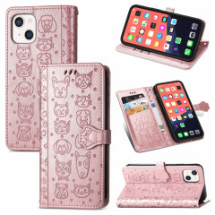 Coque en cuir horizontal horizontal de chat et de chien mignon avec porte-cartes et portefeuille et portefeuille pour iPhone 13 (or rose)
