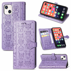 Étui de cuir horizontal horizontal de chat et de chien mignon avec support et carte de portefeuille et portefeuille et longe pour iPhone 13 (violet)