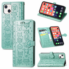 Étui en cuir horizontal horizontal de chat et de chien mignon avec support et portefeuille et portefeuille pour iPhone 13 (vert)
