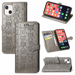 Étui en cuir horizontal horizontal de chat et de chien mignon avec support et portefeuille et portefeuille pour iPhone 13 (gris)