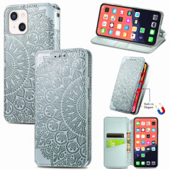 Pour iPhone 13 Blooma Mandala Motif en relief Magnétique Horizontal Horizontal Toas Coating avec porte-carte et portefeuille (gris)