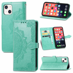 Mandala Flower Horizontal Horizontal Horizon Cuir Coffret avec support & Three Card Slots & Portefeuille et longe pour iPhone 13 (Vert)