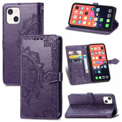 Horizon Horizontal Horizontal de Fleur Mandala avec support & Three Card Slots & Wallet & Lanière pour iPhone 13 (violet)