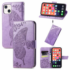 Coque en cuir horizontal horizontal à fleur d'amour papillon avec support / portefeuille / portefeuille / lanière pour iPhone 13 (Violet léger)