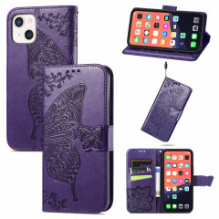 Boîtier en cuir horizontal horizontal à fleur d'amour papillon avec support / portefeuille / portefeuille / lanière pour iPhone 13 mini (violet foncé)
