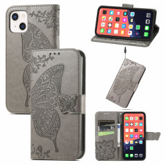 Boîtier en cuir horizontal horizontal à fleur d'amour papillon avec support / portefeuille / portefeuille / lanière pour iPhone 13 mini (gris)