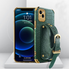 Étui en cuir de crocodile TPU de TPU galvanoplié avec sangle de poignet pour iPhone 13 Pro (vert)