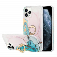 Pour iPhone 13 Pro Quatre coiffe de couverture en marbre d'or en marbre or de flux d'or avec anneau en strass en métal (rose)