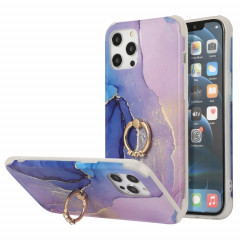 Housse de couverture arrière en marbre d'or de quatre coins de seconde coiffure avec une bague en strass en métal pour iPhone 13 Pro (Bleu foncé)