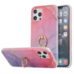 Étui de couverture arrière en marbre en marbre d'or de quatre coins secours avec une bague en strass en métal pour iPhone 13 Pro (Magenta)