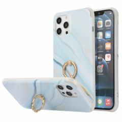 Housse de couverture arrière en marbre au dossier en marbre d'or de quatre coins de seconde coins avec une bague en strass en métal pour iPhone 13 Pro (Bleu)