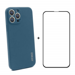 Hat-Prince Enkay Silicone liquide Cas de protection antichoc de protection antichorcométrée + film de protection en verre trempé pour iPhone 13 Pro Max (bleu foncé)