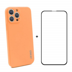 Chapeau-Prince Enkay Silicone Liquide Cas de protection antichoppes Couvercle de protection chute + film de protection en verre trempé pour iPhone 13 Pro Max (Orange)