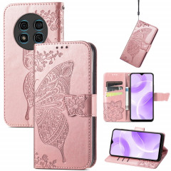 Pour Ulefone Note 15 Étui de téléphone en cuir gaufré avec fleur d'amour papillon (or rose)
