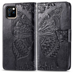 Étui en cuir Flip horizontal gaufrage papillon amour fleurs pour iPhone 11 Pro Max avec titulaire et fentes pour cartes et porte-monnaie et lanière (Noir)