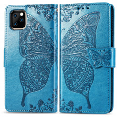 Papillon Love Flowers Étui en cuir Flip horizontal gaufrage pour iPhone 11 Pro Max avec titulaire et fentes pour cartes et porte-monnaie et lanière (bleu)