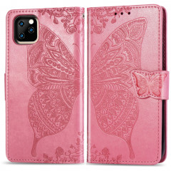 Papillon Love Flowers Étui en cuir Flip horizontal gaufrage pour iPhone 11 Pro Max avec titulaire et fentes pour cartes et porte-monnaie et lanière (Rose)