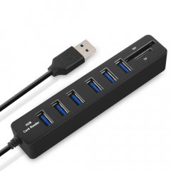 Multi USB 2.0 Hub USB Splitter haute vitesse 6 ports avec lecteur de carte TF SD (noir)