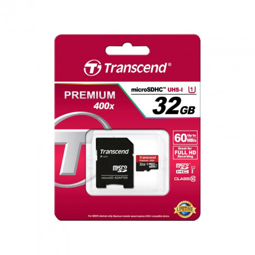 Transcend microSDHC 32GB Class 10 UHS-I 400x + adaptateur SD 665910-03